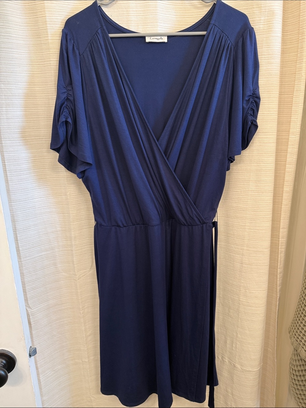 Loveappella solid short sleeve wrap dress navy 1X (14W-16W) like new!